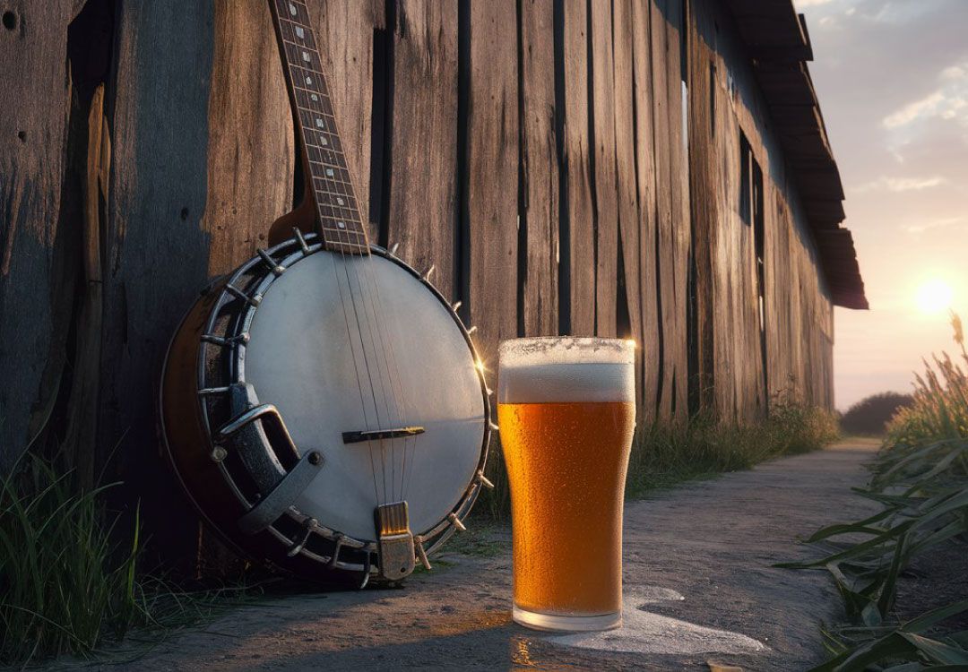 banjo leaning up against a barn with a frothy glass of beer next to it